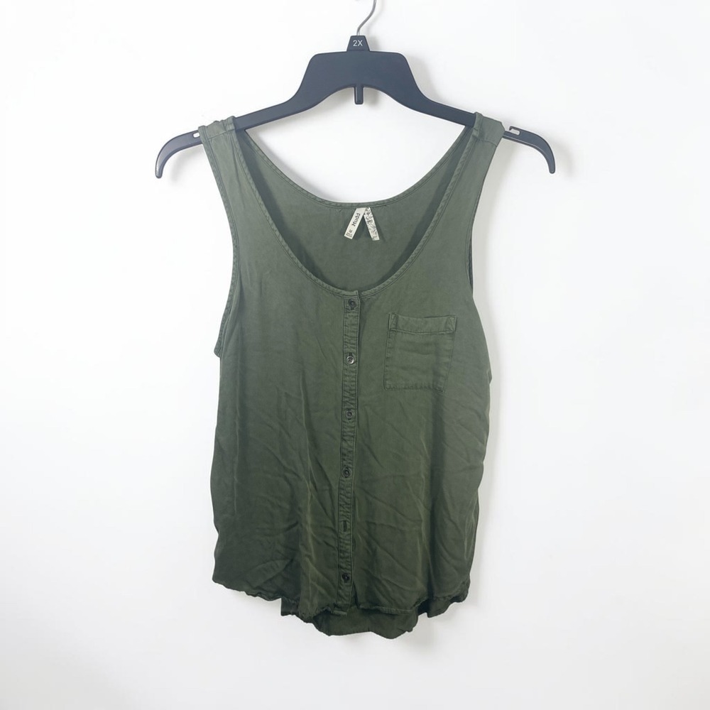 Mudd Womens Olive Green Button Front Tank Top Sleeveless Pocket Scoop Neck M